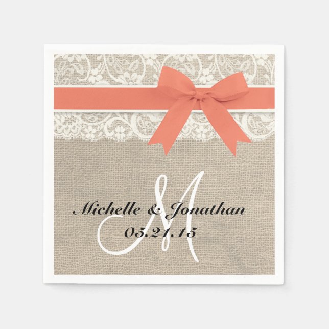 Lace and Burlap Rustic Wedding Napkin Coral (Front)