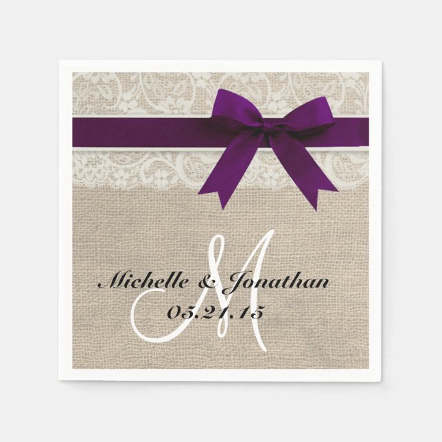 Lace and Burlap Rustic Wedding Napkin Plum (Front)