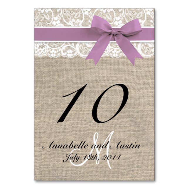 Lace and Burlap Rustic Wedding Table Card Lavender (Back)