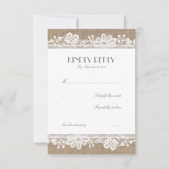 Lace and Burlap Vintage Wedding RSVP Cards (Front)