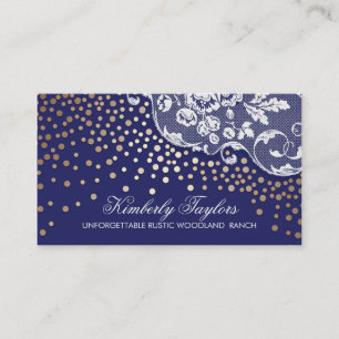 Lace and Gold Confetti Navy Vintage Business Card