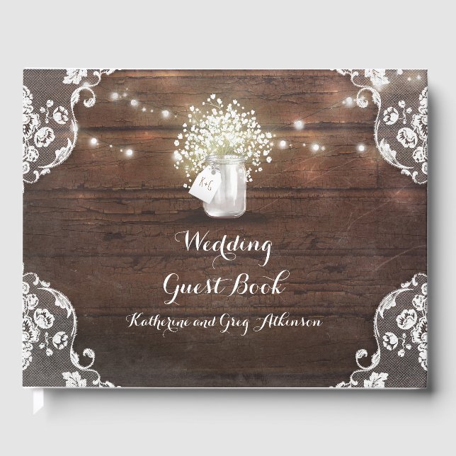 Lace and Mason Jar Rustic Country Wedding Guest Book (Front)
