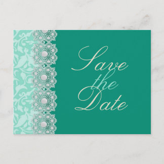 Lace and Pearls Aquamarine Save the Date Postcard