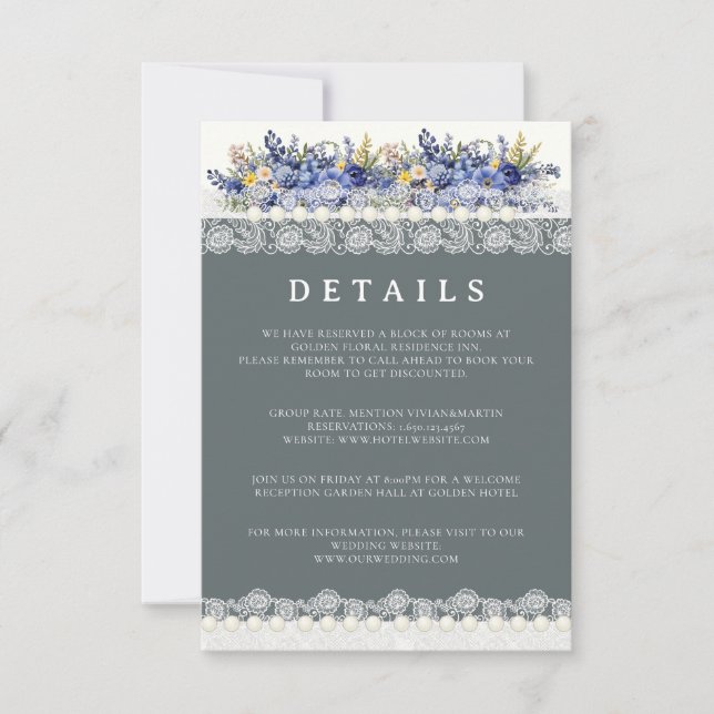 Lace And Pearls Floral Wedding Details Card (Front)
