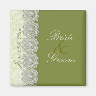 Lace and Pearls Moss Green Save the Date Magnet