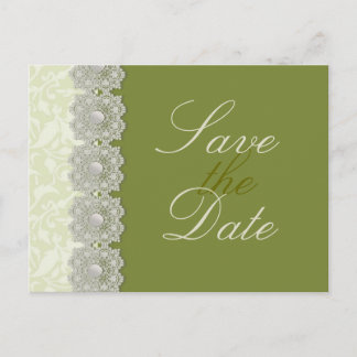 Lace and Pearls Moss Green Save the Date Postcard