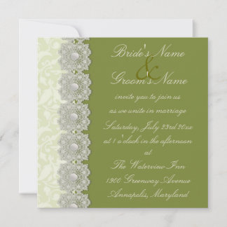 Lace and Pearls Moss Green Wedding Invitation