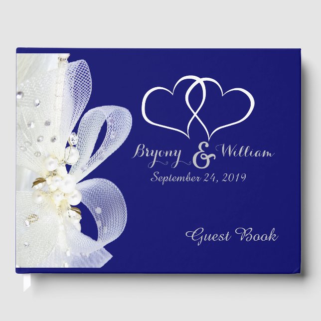 Lace and Pearls Navy Blue Wedding Guest Book (Front)
