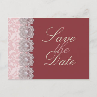 Lace and Pearls Raspberry Save the Date Postcard