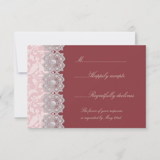 Lace and Pearls Raspberry Wedding RSVP Card (Front)