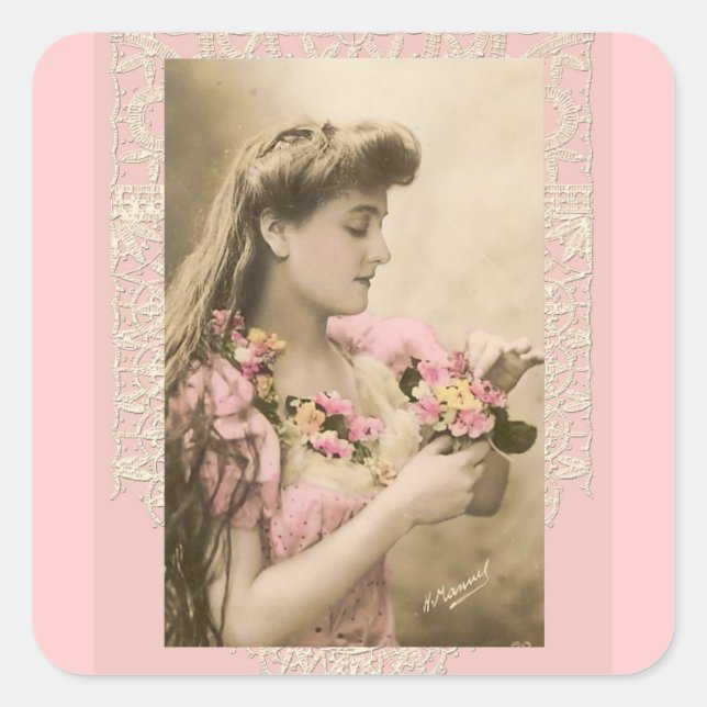 lace and posies victorian lady square sticker (Front)