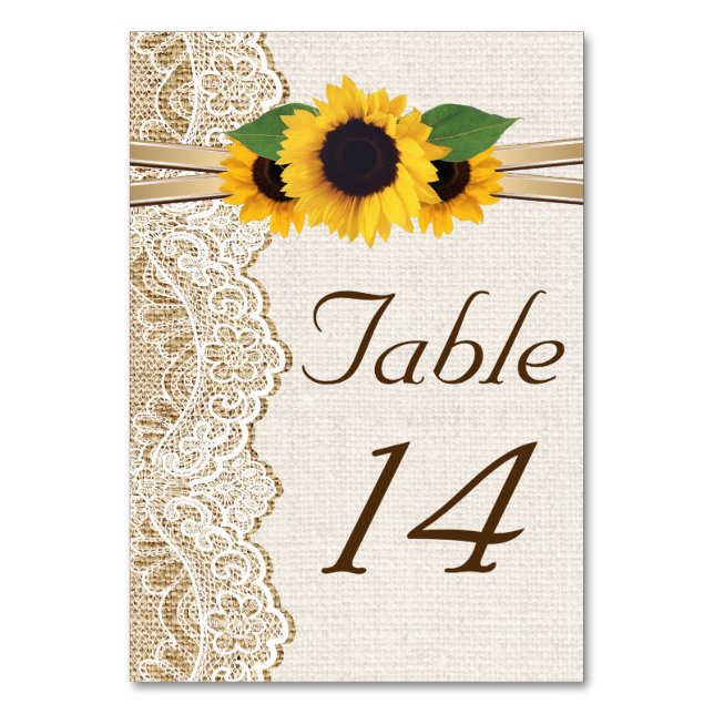 Lace and sunflowers burlap wedding table number (Front)