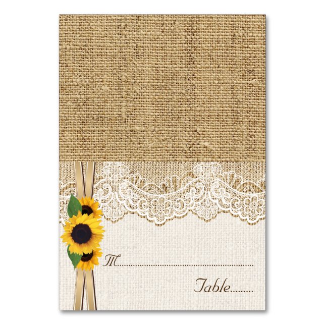 Lace and sunflowers on burlap wedding place card (Front)