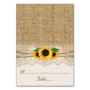 Lace and sunflowers on burlap wedding place card