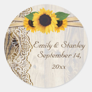 Lace and sunflowers wood wedding Save the Date Classic Round Sticker