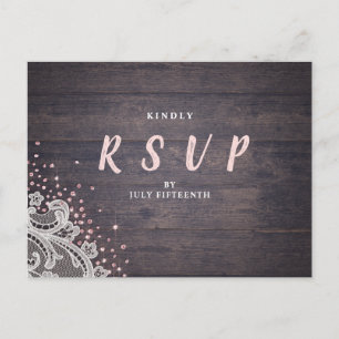 Lace and wood blush glitter rustic wedding RSVP Invitation Postcard