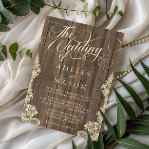 Lace and Wood Script Calligraphy Rustic Wedding Invitation