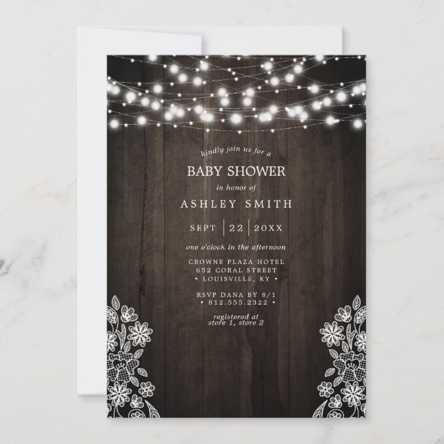 Lace And Wood String Lights Rustic Baby Shower Invitation (Front)