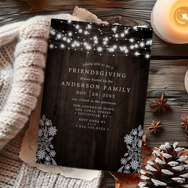 Lace And Wood String Lights Rustic Friendsgiving Invitation (Creator Uploaded)