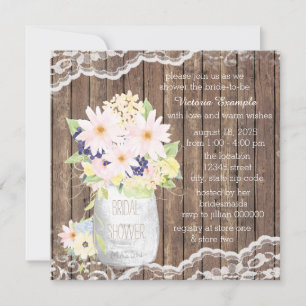 Lace and Wood Watercolor Flower Jar Bridal Shower Invitation