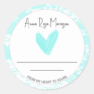 *~* Lace  AP30 Homemade AQUA Heart Generic   Classic Round Sticker