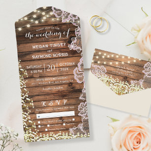Lace Baby's Breath & String Lights Rustic Wedding All In One Invitation