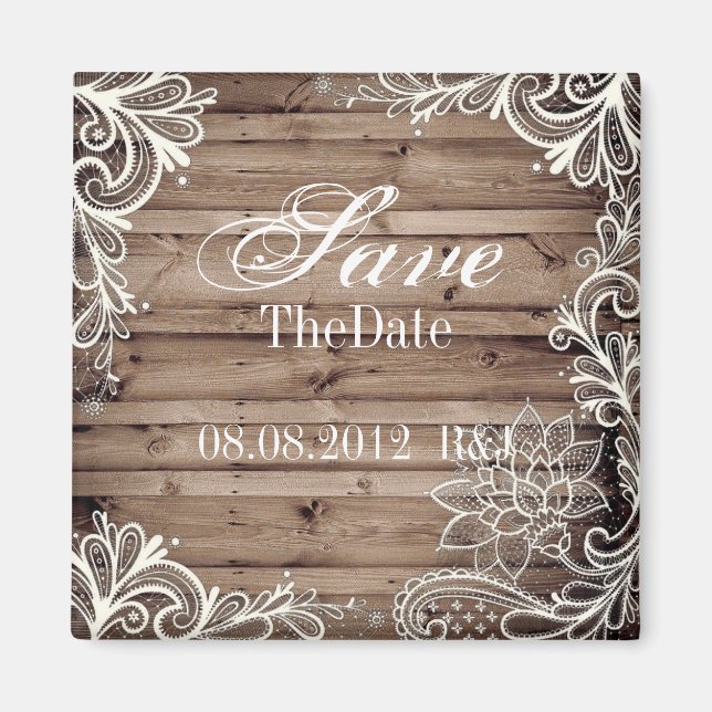 lace barn wood country wedding save the date magnet (Front)