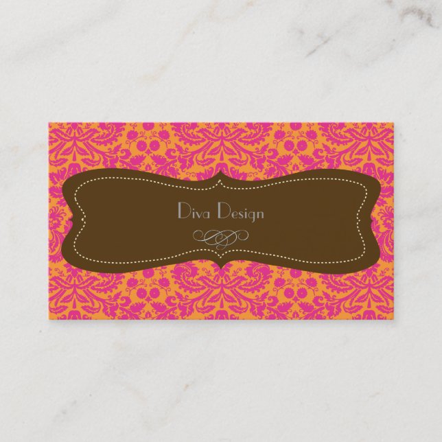 Lace, baroque damask /hot pink/chestnut brown business card (Front)