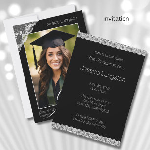 Lace & Black Photo Graduation Party Invitation