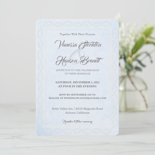 Lace Border White Wedding Invitation (Standing Front)