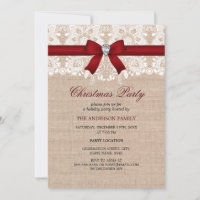 Lace Bow & Burlap Red Christmas Party Invitation