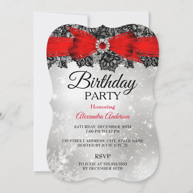 Lace Bow Silver Red birthday party Invitation (Front)