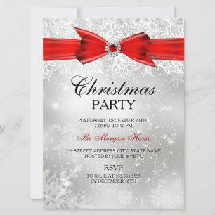 Lace & Bow Silver Red Christmas Holiday Invite
