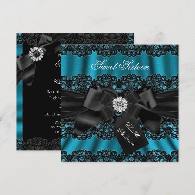 Lace & Bow Teal Black Sweet Sixteen Party Invite (Front/Back)