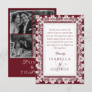 Lace Burgundy Old Money Wedding Photo Collage Thank You Card