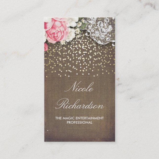 Lace Burlap and Gold Confetti Rustic Country Business Card (Front)