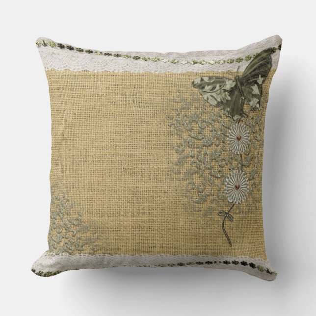 Lace Burlap Dandelion Butterfly Vintage Art Throw Pillow (Front)