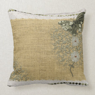 Lace Burlap Dandelion Butterfly Vintage Art Throw Pillow
