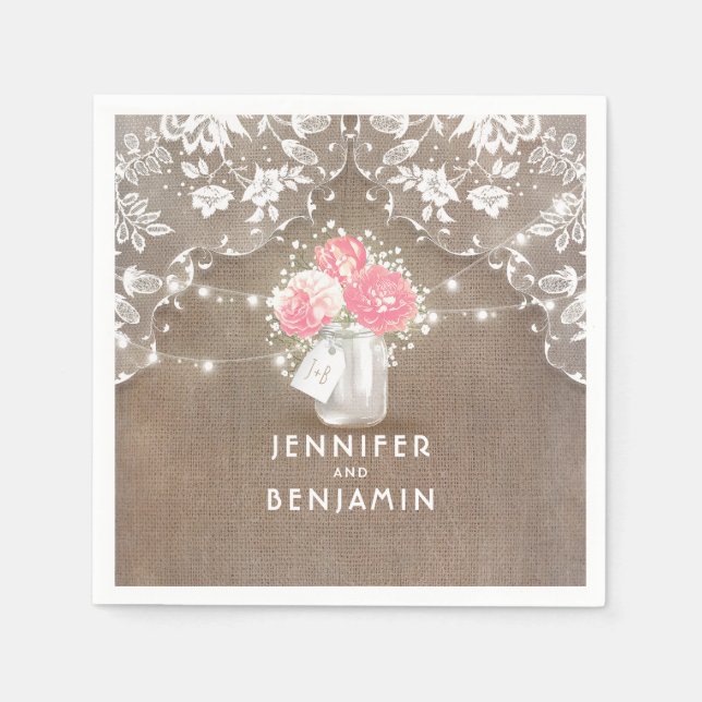 Lace Burlap Floral Mason Jar Rustic Wedding Napkin (Front)
