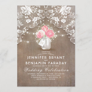 Lace Burlap Pink Peonies Mason Jar Rustic Wedding Invitation