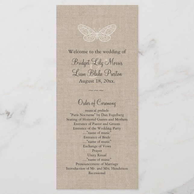 Lace Butterflies Wedding Program on Burlap 2 (Front)