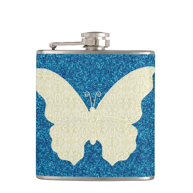 Lace Butterfly On Blue Glitter Flask (Front)