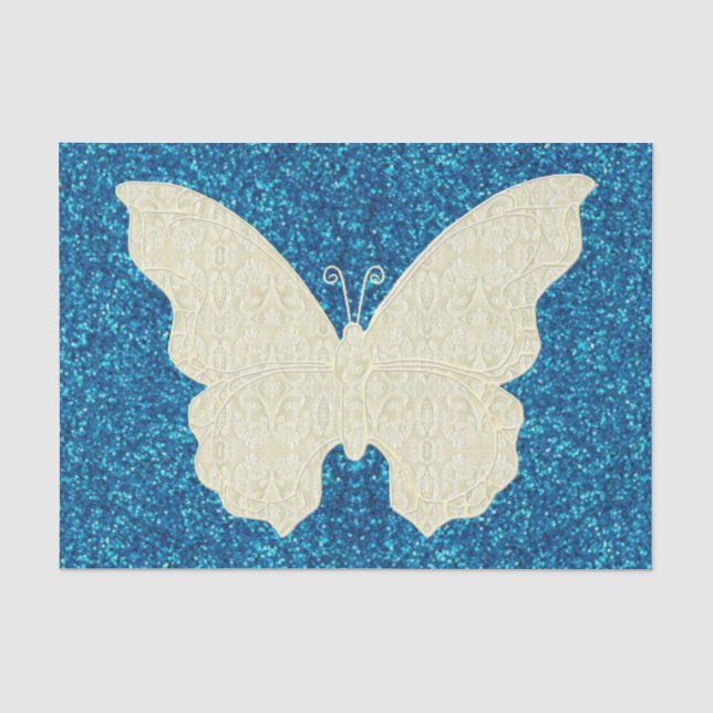 Lace Butterfly On Blue Glitter Tissue Paper (Front)