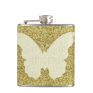 Lace Butterfly On Gold Glitter Flask