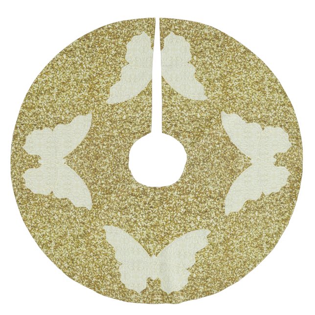 Lace Butterfly On Gold Glitter Tree Skirt (Front)