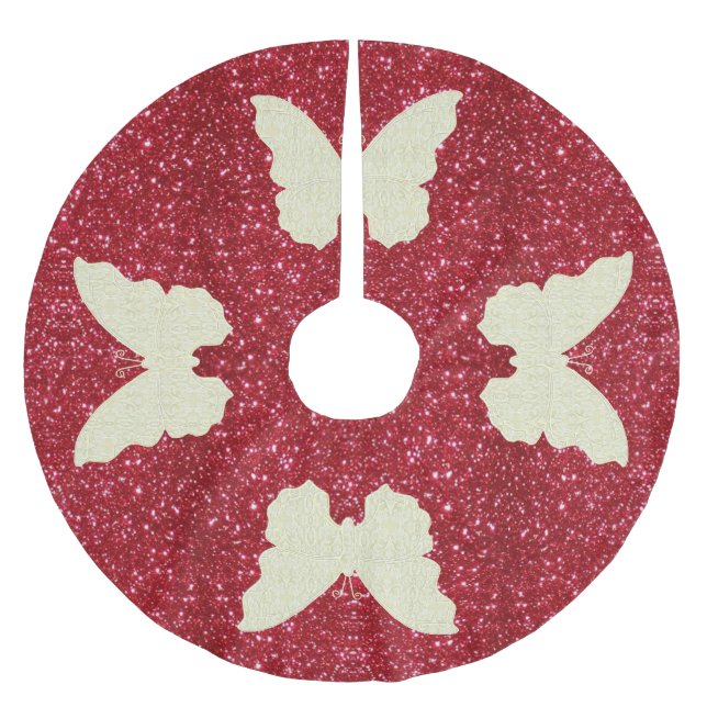 Lace Butterfly On Red Glitter Christmas Tree Skirt (Front)