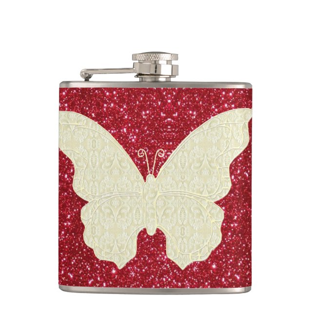 Lace Butterfly On Red Glitter Flask (Front)