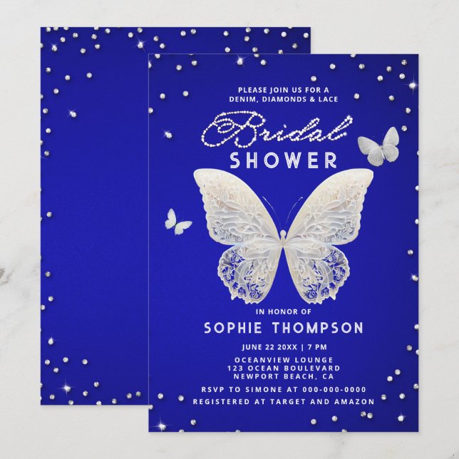 Lace Butterfly Rhinestone Royal Blue Bridal Shower Invitation (Front/Back)