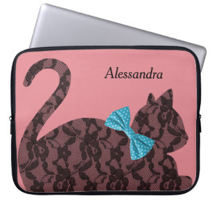Lace Cat Silhouette  Personalized Pink Laptop Sleeve