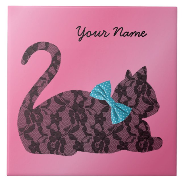Lace Cat with Teal Bow - Pink Personalized Tile (Front)